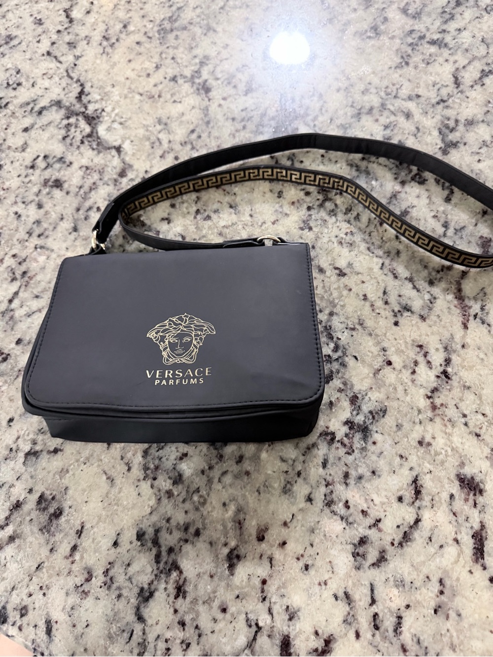 Versace Black Crossbody Bag with Gold Logo and Strap Detail